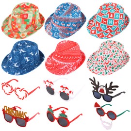 12pcs Christmas Photo Booth Prop, 6pcs Christmas Fedora Hats, 6pcs Christmas Party Sunglasses for Adult, Teen, Ugly Sweater Fedora Hat, Funny Christmas Glasses, Merry Xmas Carnival Party Costume Prop