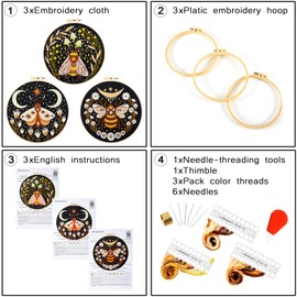 Armindou Hand Embroidery Starter Kits for Beginners Adults, Counted Stamped Cross Stitch Kit for Beginners Adults, Embroidery Needlepoint Kit with Moth Flower Pattern, 3 Hoops (Attached Teaching Video QR Code)