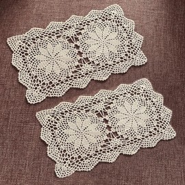 Gemseek 2 Pack Small Vintage Crochet Lace Doilies for Tables, 16 x 10 Inch Boho Cotton Rectangle Placemats for Nightstand, End Table, Furniture Top Decor