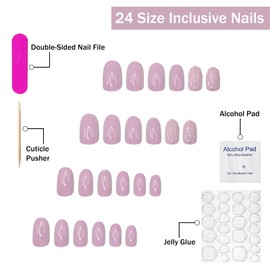 Short Almond Press on Nails SWEKKE Baby Pink Fake Nails False Nails with Designs Pearls Charms Shell Embossed Glossy Glue on Nails Stick on Nails Acrylic Nails for Women Girls 24 Pcs