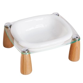 PEIYATA Ceramic Dog and Cat Bowl with Beech Wood & Acrylic Stand with Non-Slip Pad Weighted Food Water Set for Cats &Small Dogs 13.5OZ