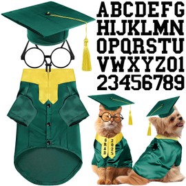 Huhumy 5 Pcs Dog Graduation Costume Set Include 2025 Pet Graduation Gown with Stole Puppy Grad Cap Lensless Glasses DIY Letter Stickers for Dogs Cats Holiday Costume Accessory(Green Yellow,S)