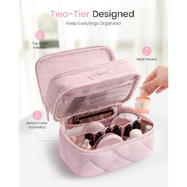 LOVEVOOK Travel Makeup Bag,Large Open Flat Tolietry Bag for Women,Waterproof Portable Cosmetic Pouch,Double Layer Quilted Makeup Bag Organizer With Handle,Travel Essentials,Gift for Her