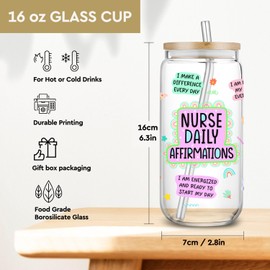 SEWSONG Nurse Daily Affirmations Glass Cup Gifts for Women Nurse,16oz Funny Drinking Jar with Lids Straws,Best Gifts for Week Graduation Birthday,RN/LPN/NICU Gift