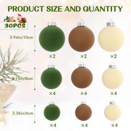 Waipfaru Christmas Tree Decorations, Velvet Christmas Ornaments Balls Set, Brown Green Neutral Farmhouse Christmas Decor, Flocked Christmas Ornaments for Xmas Holiday Party Decorations(30 Pcs)