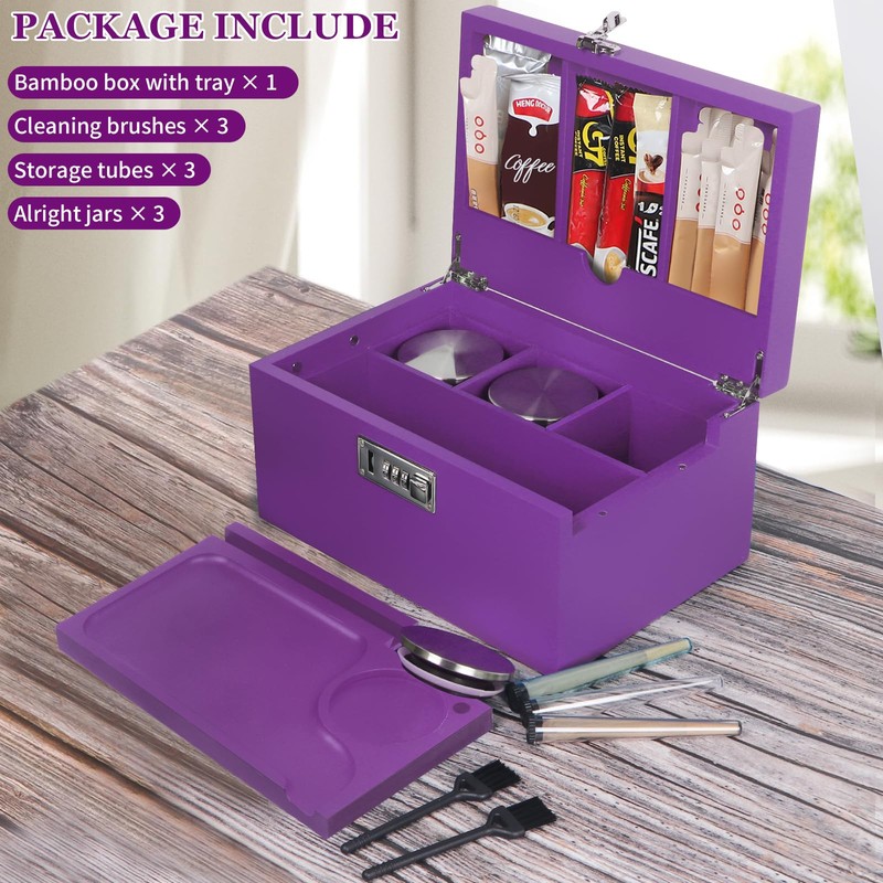 Large Bamboo Box with Combination Lock, Purple Decorative Storage Box