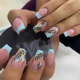 Pack of 24 Square Nails for Sticking Short, Pink Blue French Artificial Nails, Ballerina Natural Artificial Nails, Press on Nails with Maple Leaf Design, Square Fingernails, Fake Nails for Women and