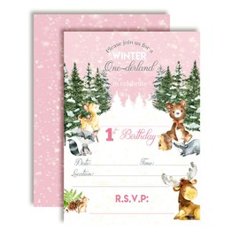 Woodland Winter Wonderland One-derland First Birthday Party Invitations for Girls, 20 5"x7" Fill In Cards with Twenty White Envelopes by AmandaCreation