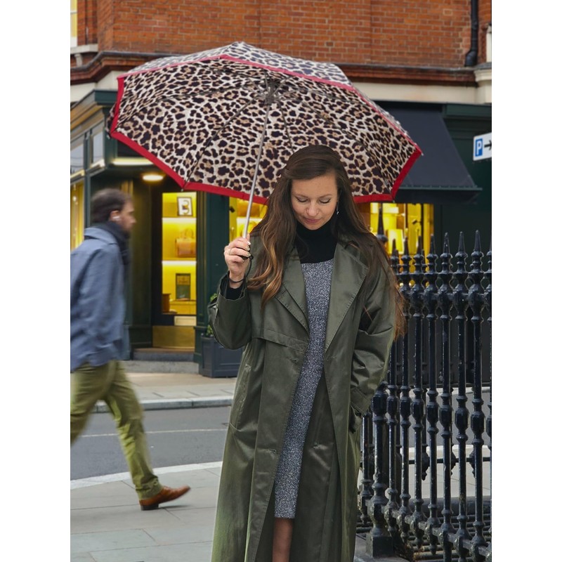 Fulton Minilite Shiny Leopard Print Umbrella, Strong Lightweight Wind Resistant