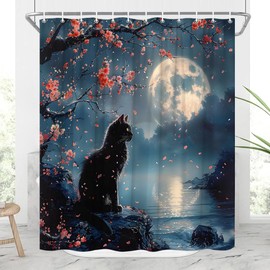 JONSEQIN Japanese Black Cat Shower Curtain Rustic Floral Farmhouse Animals Kitten Under The Full Moon Cherry Blossoms Tree Asia Chinese Style Ink Painting Bathroom Decor Curtains 70x70 inch with Hook