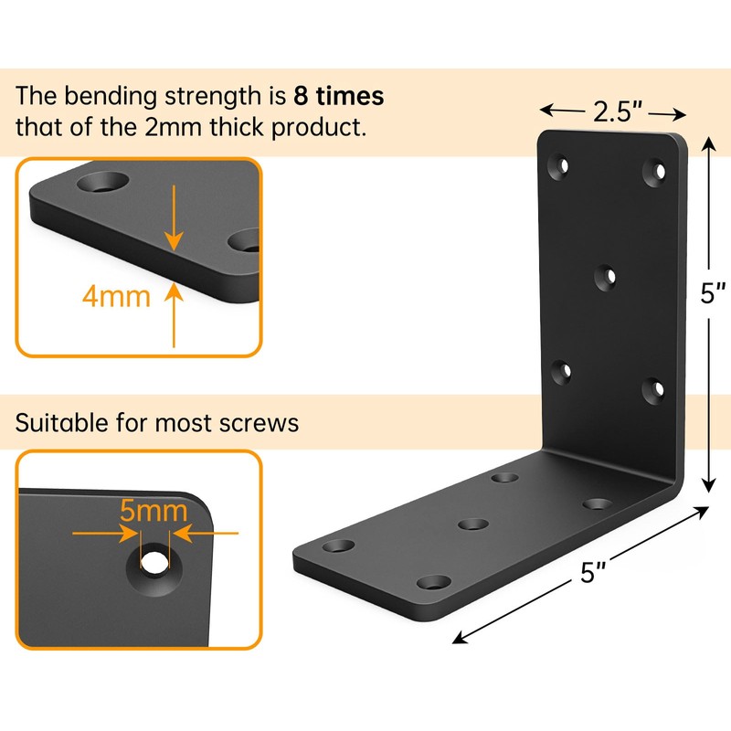 5x5“ Heavy Duty Shelf Brackets，L Brackets for Shelves Fence Pergola