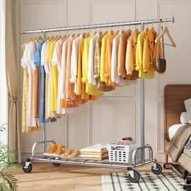 Raybee Heavy Duty Clothes Rack Load 480LBS,Clothing Racks for Hanging Clothes,Adjustable Rolling Clothes Rack with Wheels,Garment Rack for Bedroom,Laundry Room,Commercial Use, 71" Hx22 D x 75" W