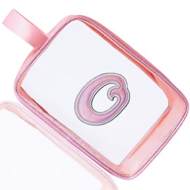COSHAYSOO Clear Makeup Bag Preppy Initial Letter Cosmetic Toiletry Sunscreen Pouch Travel Essential Accessories Gifts for Women Girls Summer Camp Vacation Beach Pool Lake Hiking Road Trip Pink O