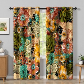 Boho Floral 100% Blackout Curtains for Bedroom Bohemian 96 Inch Long 2 Panels Set Colorful Mid Century Black Out Curtains For Living Room Grommet Thermal Insulated Room Darkening Window Drapes,52Wx96L