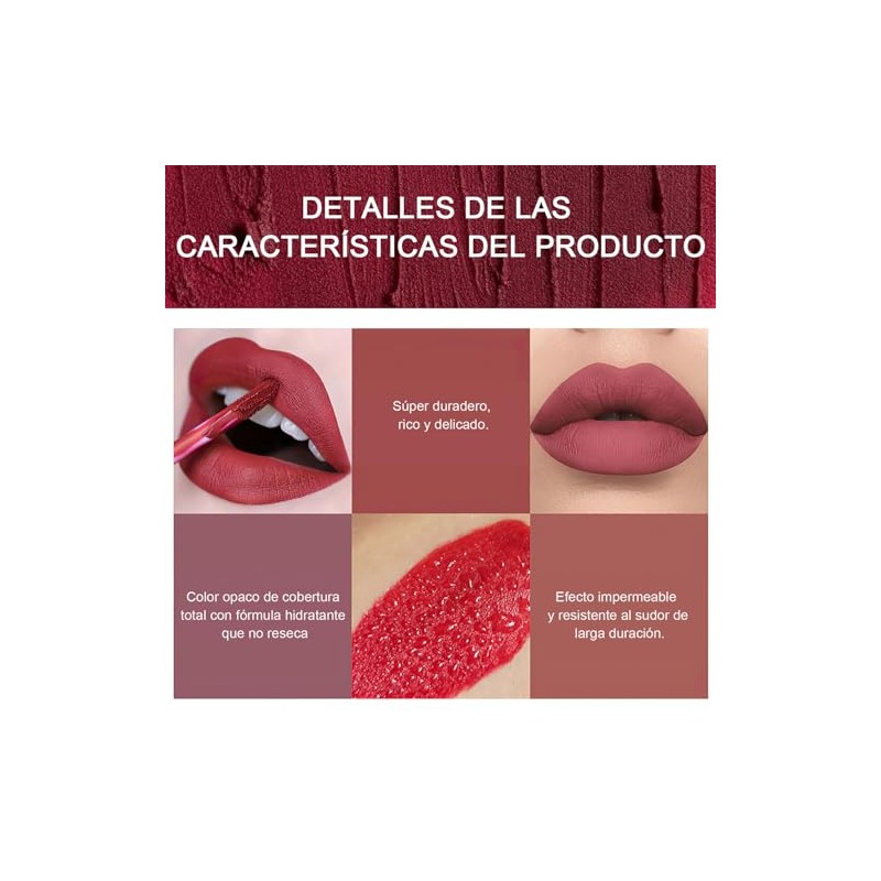 6PCS Lápiz labial mate, lápiz labial antiadherente, lápiz labial hidratante