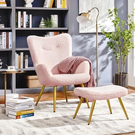 Yaheetech Accent Chair with Ottoman, Boucle Fabric Armchair Footstool, Modern and Cozy Vanity Chair with Golden Legs for Living Room, Lounge, Makeup Room, Bedroom, Pink