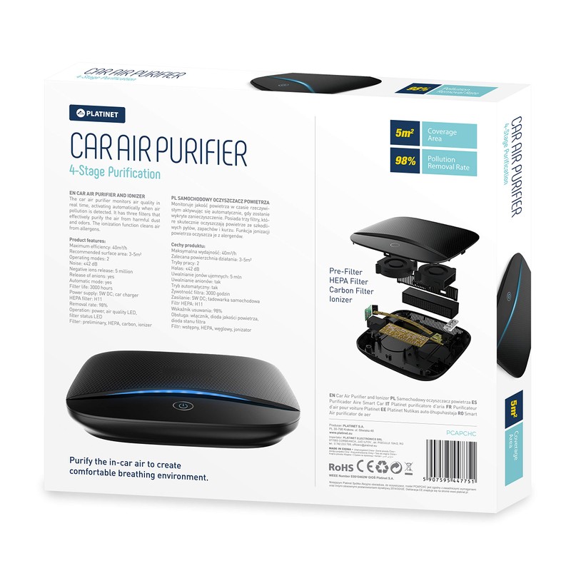 Platinet PCAPCHC Portable Air Purifier for Car, Black, 18 x