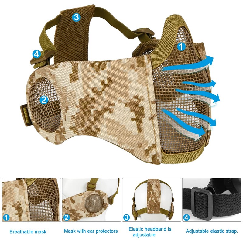 Airsoft Mask with Goggles, Foldable Airsoft Mesh Mask with Ear