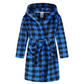 Tunoluker Kids Boys Girls Flannel Hooded Bathrobe Toddler Robe Pajamas Sleepwear Blue Plaid 6-8 Years