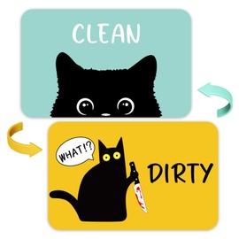 Funny Black Cat Cartoon Clean Dirty Dishwasher Magnet, Washing Machine Magnets Flip, Cute Cat Refrigerator Clean Dirty Sign, Double Sided Reversible Non Scratch Dish Washer Magnet Sign (Green&Yellow)