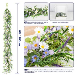 2PCS 6ft Spring/Summer Daisy Garland with Flowers, Faux Daisy and Lavender Flower Garland Artificial with Floral Lanvender for Baby Shower Wedding Mantle Fireplace Table Centerpiece Decor