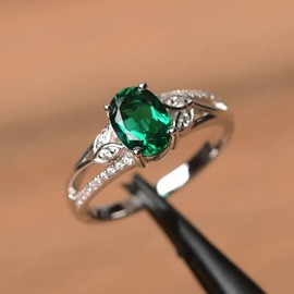 LUO 925 Sterling Silver Oval Shaped 1.13 CT Created Emerald Ring Leaf Engagement Ring May Birthstone Ring for Women US Size 8.5