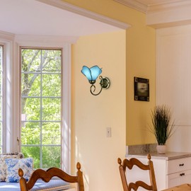 Aeyee Tiffany Wall Sconce, Flower Shaped Wall Light, Stained Glass Wall Lamp for Entrance, Bedroom, Hallway in Blue