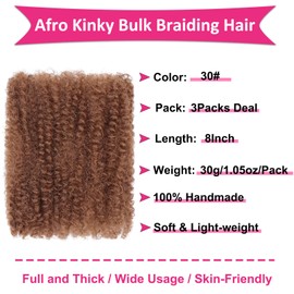 Unionbeauty Afro Kinky Curly Braiding Bulk Hair for Micro Twist 8 Inch 3 Packs Braiding Hair for Dreadlock Extensions Loc Repair Springy Afro Twist Hair for Black Woman Medium Auburn 30#