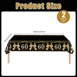 Xjoviative 2 Pack 60th Birthday Tablecloth Plastic 54x108 Inch, Black Gold 60th Birthday Table Cloth Disposable Table Cover Rectangle for Men Wome Cheers to 60 Years Party Decorations (60th)