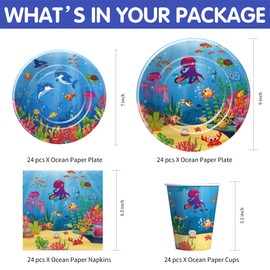 Owelleny Under The Sea Party Decorations for Birthday Baby Shower, Underwater Sea Life Blue Ocean Theme Party Supplies, Paper Plates and Napkins, Cup, Cutlery, Swirls, Banner, Tablecloth, Serves 24