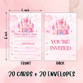 ltazhyi Princess Birthday Party Invitation Cards for Kids Girls, Pink Castle Birthday Celebration Party Invite Cards Supplies, 20 Double-Sided Fill In Invites With Envelopes -06