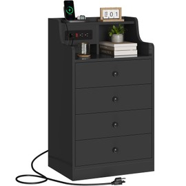 ADORNEVE Large Nightstand with Charging Station,Black Night Stand for Bedroom,Tall Bedside Table with Hutch & 4 Drawers,Charging Night Table,Bed Side Tables Bedroom