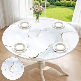 Dremisland Waterproof Round Fitted Tablecloth with Elastic Edged 120CM Wipeable Table Cover White Marble Pattern Table Cloth Table Protector Cover for Dinner Kitchen Party Picnic