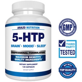 Arazo Nutrition 5-HTP 200 MG Plus Calcium for Mood, Sleep ?C Supports Calm and Relaxed Mood ?C 99% High Purity ?C 120 Capsules ?C Arazo Nutrition