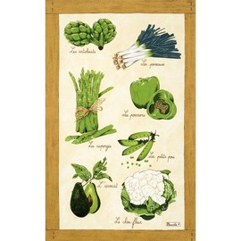 Beauville, Legumes Verts (Green Vegetables) French Kitchen/Tea Towel, Silk Screen Hand Printed, 82 Percent Cotton/18 Percent Linen