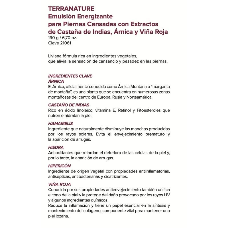 Terramar Terranature Emulsión Energizante para Piernas Cansadas, con Árnica, Castaño