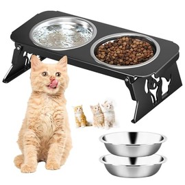 Comederos Mascota para Perro y Gato, Comedero para Perros con 2 Cuencos de Acero Inoxidable, Plegable, para Perros y Gatos Pequeño, Medianos y Grandes (Black)