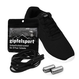 gipfelsport Elastic shoelaces with metal closure, rubber quick lacing system without tying, shoe laces flat for children, men, women, black/black
