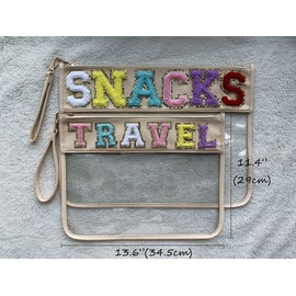 HAIBOLAN Monogram Clear Stadium Purse Bag Chenille Letter Travel Patch Pouch Snack Makeup Wristlet, Small-travel-beige