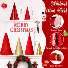 Knitgrip 12 Pcs Cone Christmas Trees Snowflake Set, Christmas Table Decor with Velvet Glitter Sequins Plush Surface, Wooden 3D Snowflake Centerpiece for Holiday Winter Home Decor(Red)