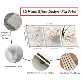 JiazuGo White Butterfly Wall Decor - Modren Butterfly Flower Nursery Canvas Wall Art Contemporary Abstract Art Oil Painting Prints Bathroom Bedroom Home Decorations 12" X 16" X 3 Pieces