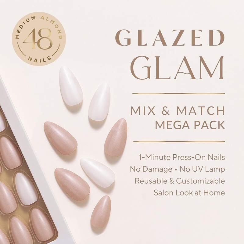 Pearlessence 48pc Glazed Glam Med Oval Press On Nails Mega