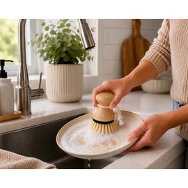 Kitchen Simple Bamboo Palm Brush Set, 2 Pack Dish Scrub Brushes for Pots, Pans, Dishes, Sink & Vegetable Cleaning, Durable Bristles, Bamboo Handle, Bl