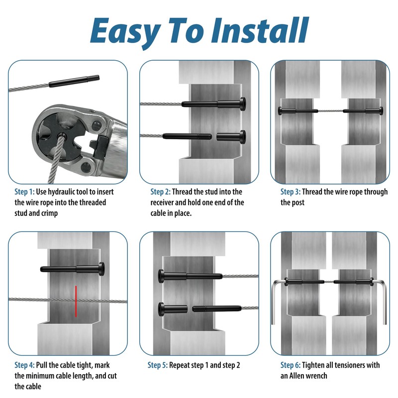 50 Pack 1/8" Black Invisible Cable Railing Hardware Kit, T316