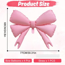 Pink Bow Balloons 4 Pcs Bow Birthday Decorations Pink Bow Aluminum Balloons for Bachelorette Girls Princess Theme Birthday Party Bridal Engagement Decorations 77×63 cm