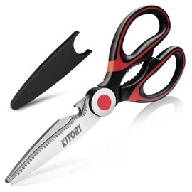 Kitchen Scissors, 21 cm, Universal Scissors with Blade Cover, Sharp Household Scissors, Poultry Scissors, Bottle Opener, Saw Cut, Quality Steel, Dishwasher Safe, Red