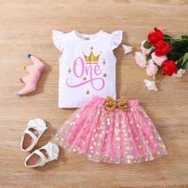 LUZOZEZO Baby Girls 1st/2nd First Birthday Outfits Cotton Romper TuTu Skirt Set with Sequins Bowknot Headband 3Pcs