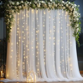PARTISKY 10x10ft White Tulle Backdrop Curtain with Lights String for Parites, Sheer Backdrop Curtains for Wedding Baby Shower Birthday Party Photo Shoot Decorations