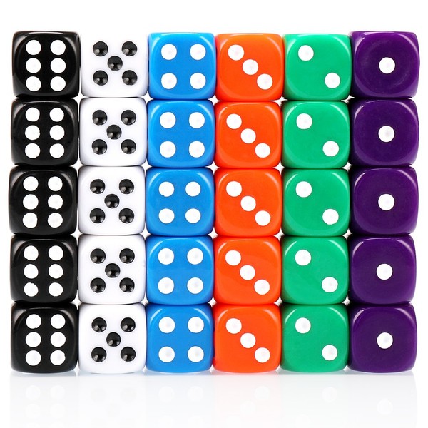 H&S 30x Dice 6 Sided 16mm 6 Colours Spot Dice