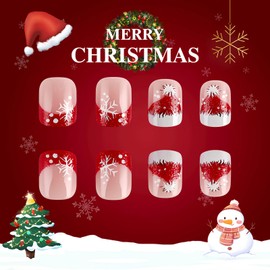 BFY Snowflake Press on Nails Short Square Winter Christmas Fake Nails, Red White French Xmas Hat Acrylic Nails Stick Glue on Nails, Shiny Nude False Nails Kits Winter Xmas New Year Accessories 24 Pcs